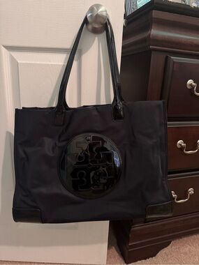 Tory Burch Ella Nylon Black Logo Patent-Trim Tote